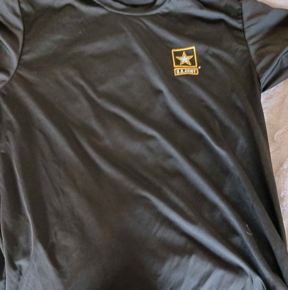 U.S. army athletic shirt, black in color, has U.S. army written on sleeve.